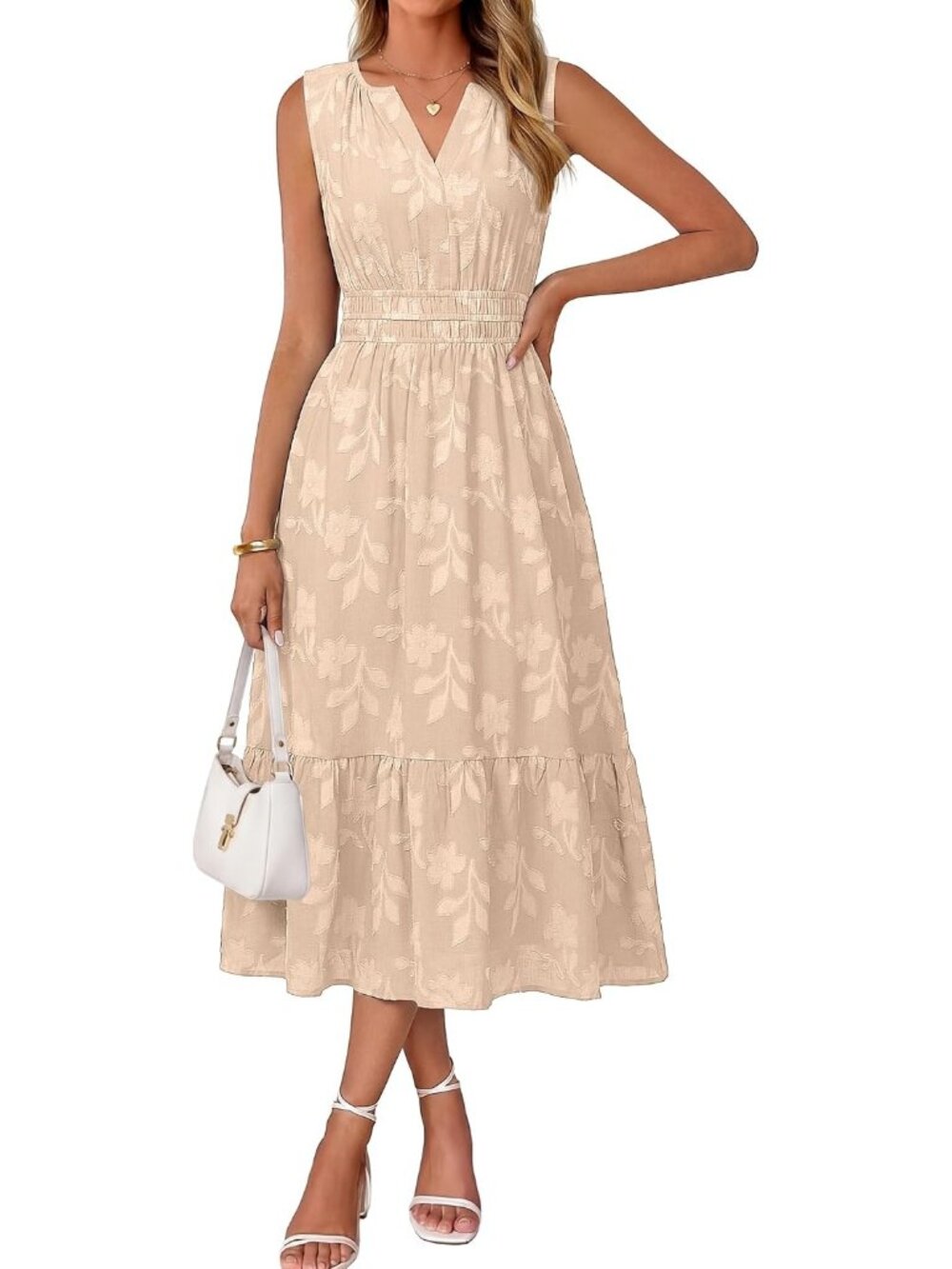 Women's Beige Sleeveless V Neck A LINE Floral Casual Imported Maxi Dress